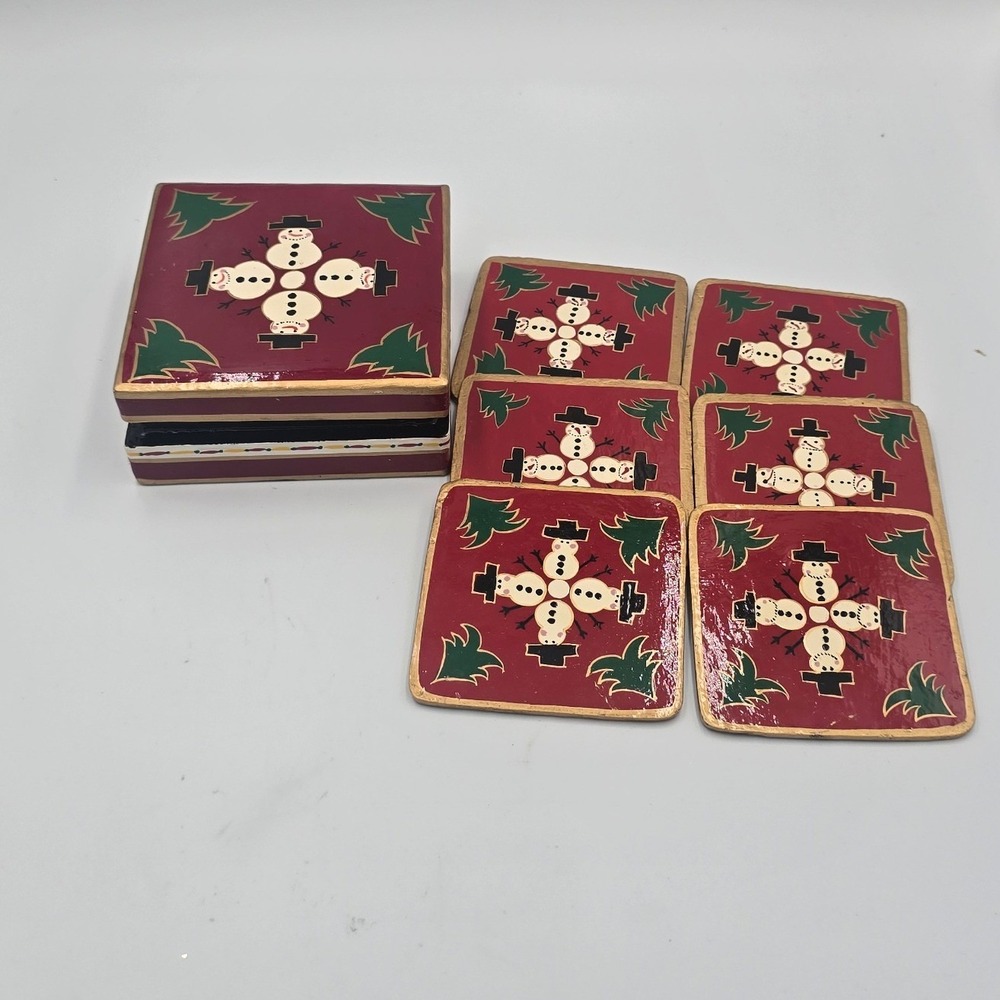 Vintage Foreside Hand-Painted Lacquer Wood Christmas Coaster Set of 6 with Box